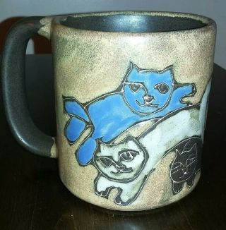 Handmade Stoneware Pottery Cats Large 16oz Coffee Cup Mug Design By Mara Mexico