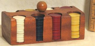 Vintage Miniature Bakelite Poker Chips In Wood Rack - Red,  Blue,  Yellow & White