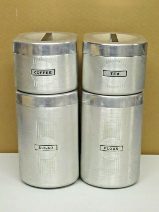 Vintage Mid Century Modern Brushed Aluminum Canisters Set Of 4 Coffee,  Tea Etc.