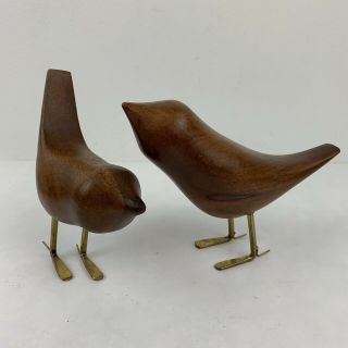 Vintage Mid Century Modern Teak Carved Birds With Brass Feet Danish Scandanavian