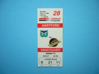 1993/94 Vancouver Canucks Vs Hartford Whalers Nhl Hockey Ticket Stub Sharp