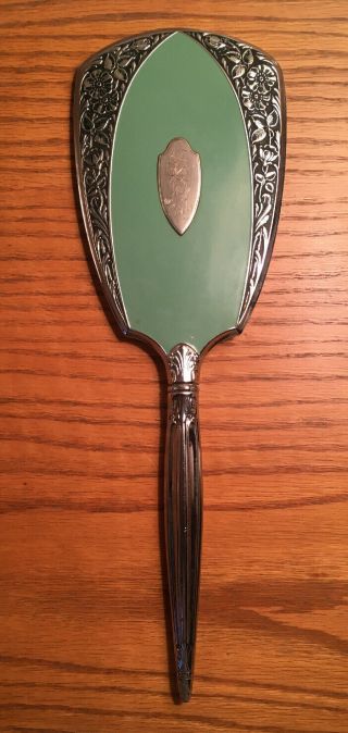 Vintage Art Deco Hand Held Vanity Mirror Green Enamel Silver Tone Bevel Mirror
