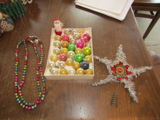 Vtg Christmas Feather Tree Mercury Glass Bead Garland Ornaments Santa And Topper