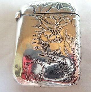 C1900 Antique French Silver Art Nouveau Vesta Case Matchsafe Cherries Birds