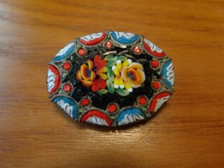 Vintage Micro Mosaic Oval Flowers Floral Pin Brooch Made In Italy