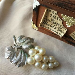 Vintage Eisenberg Silver Tone Faux Pearl Grape Leaf Cluster Brooch Pin