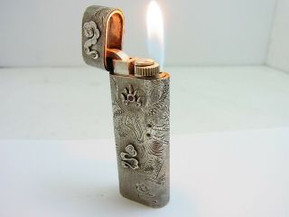 Cartier Gas Lighter Hand Carving Dragon & Phoenix Jewel Stone Silver Plated Rare