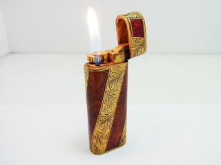 Cartier Roy King 18K Gold Plated Hand Carving Engraved Gas Lighter W/Box Rare 3