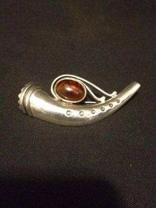 Vintage 925 Sterling Silver Horn Amber Pin Brooch Signed 14 Grams