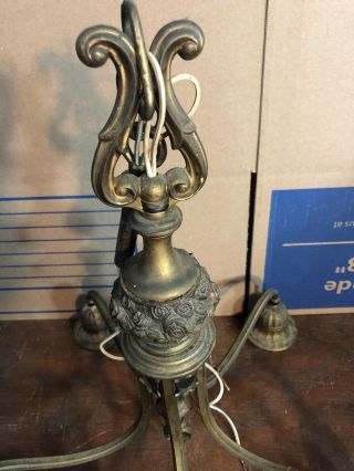 Vintage 1920 - 30’s Art Deco 5 Bulb Ornate Brass Ceiling Light Fixture Chandelier 2