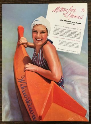 1936 Matson Line To Hawaii Print Ad Bathing Suit Model Ocean Outrigger Canoe