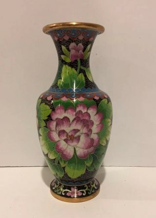 Vintage Chinese Cloisonne Black Vase Yellow Pink Flower Butterfly Gold Accents