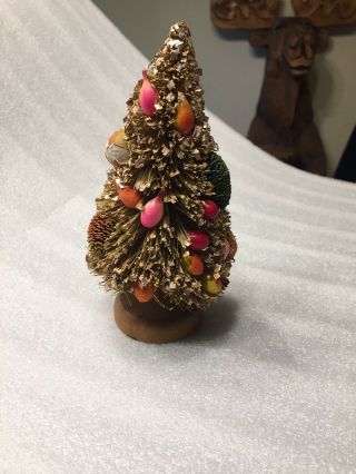 Vintage Gold Flocked Bottle Brush Christmas Tree With Fruit 10 " Made In Japan