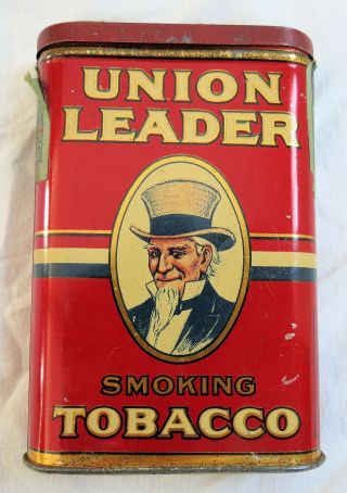 Union Leader Tobacco Tin Vertical Pocket W/1917 Tax Stamp Fine Vtg Old Antique