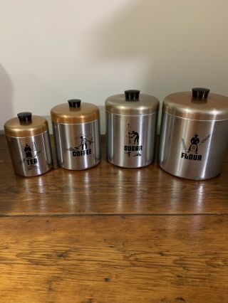 8 Piece Tin Vintage Hawthorn Canister Set With Copper Tops - U.  S.  A.