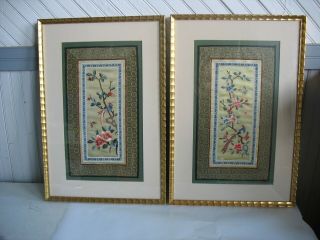 Pr Vintage Chinese Silk Embroidery Panels Matted & Framed Textile Birds Floral