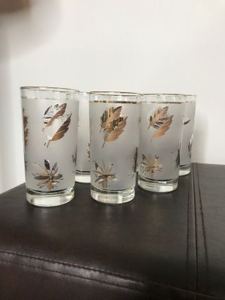 Vintage Set Of 6 Libby Gold Leaf Frosted Mid Century Modern Drinking Glasses