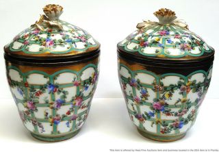 Pair 18th C Antique Sevres Porcelain Dreyfus Gilt Dresser Vanity Lidded Jars
