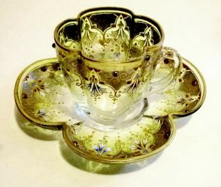Antique Moser Art Glass Demitasse Cup And Saucer W Jeweled And Encrusted Gold