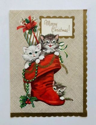 Vintage Christmas Card Kitty Cat Santa Boot Present Gold Bead Garland Holly Bow