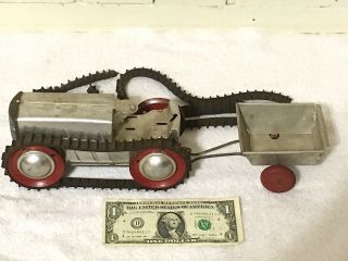 Vintage Louis Marx Wind - Up Tractor Bulldozer Toy Rubber Tracks With Trailer Qq