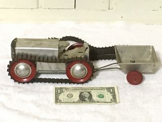 Vintage Louis Marx Wind - Up Tractor Bulldozer Toy Rubber Tracks With Trailer QQ 2