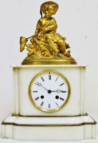 Antique French 8 Day Marble & Bronze Fishing Boy Figurine Striking Mantel Clock