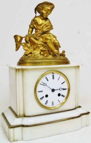 Antique French 8 Day Marble & Bronze Fishing Boy Figurine Striking Mantel Clock 2