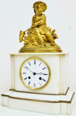 Antique French 8 Day Marble & Bronze Fishing Boy Figurine Striking Mantel Clock 3