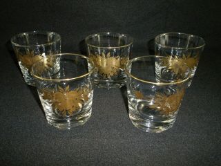 Rare Antique Baccarat Crystal Set 5 X Whiskey Tumbler W/ Painted Gold Flowers