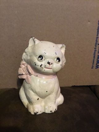 Antique Vtg Dime Store Cast Iron Hubley Kitten Toy Cat Pink Bow Still Penny Bank