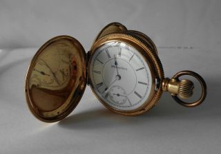 Antique Hampden Pocket Watch 14k Gf Hunt Case 6s 7j Running Needs Service