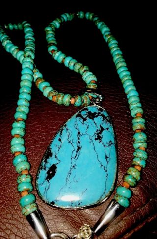 Vintage Old Pawn Reconstituded Turquoise Necklace With Turquoise Pendant 22”