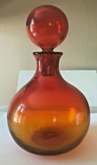 Vintage Mid Century Blenko Handcraft Glass Decanter With Stopper Orange/red