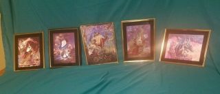 Vintage Metallic Wizard And Dragon Pictures,  Framed - Set Of 5