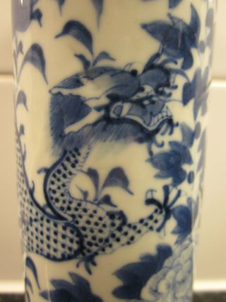 Antique Chinese Kangxi Base Mark Blue White Porcelain Vase Dragons & Pearl Af