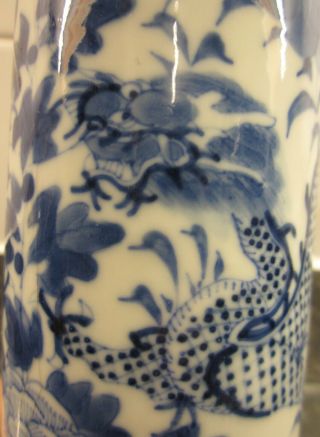 Antique Chinese KANGXI base mark blue white porcelain vase dragons & pearl AF 2