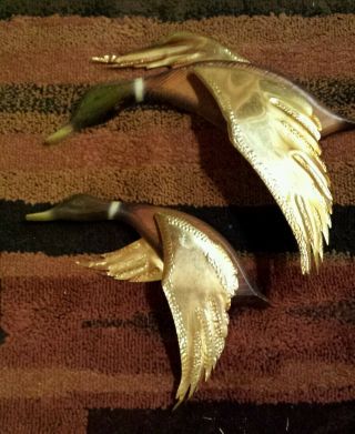 Set Of 2 Vtg Retro Mid Century Wood And Metal Flying Ducks Wall Hanging