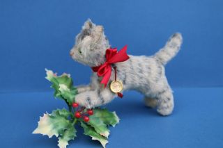 Vintage Antique German Hermann Tabby Cat,  Tag Kitten Mohair Toy Steiff Tapsy