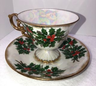 Vintage Vcagco Japan Tea Cup And Saucer Holly Berry Iridescent Set