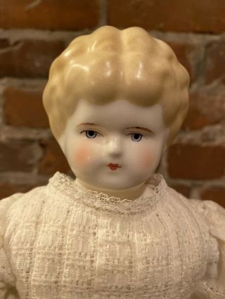 1870 Antique Blonde Hand - Painted Doll - Porcelain Head,  Arms & Legs,  Cloth Body