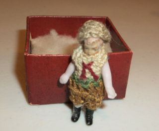 Antique 1 - 1/2 " German Miniature Doll With Movable Arms & Legs - Crocheted Outfit