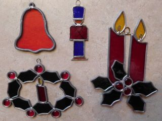 4 Vintage Leaded Stained Glass Suncatchers Christmas Wreath Bell Toy Soldier