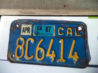 California Motorcycle License Plate 1987 Tag Blue W/ Yellow Letters