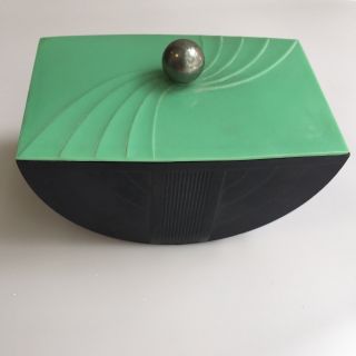 Bakelite Art Deco Trinket Box Black With Jade Green Lid And Chrome Ball