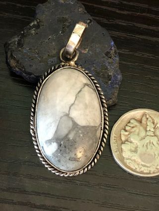 Vintage Native American White Buffalo Turquoise Sterling Silver Oval Pendant 10g