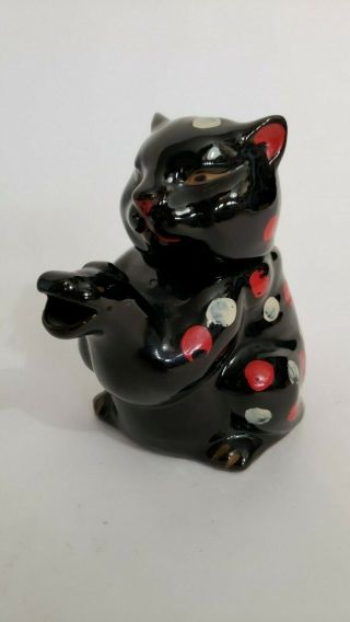Vintage Small Red Ware Pottery Black Cat Teapot W/original Dots Japan