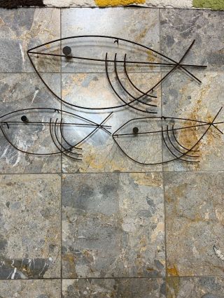 Set Of 3 Vtg Mid Century Modern Atomic Fish Metal Wire Wall Hanging Art