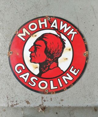 Vtg Mohawk Gasoline Porcelain Sign Service Station Pump Plate Gas Motor Oil