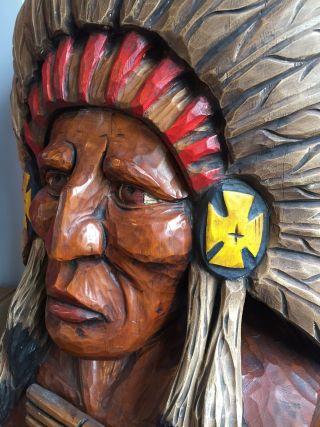 Vintage Hand Carved Cigar Store Indian Chief In Headdress Bust Statue Folk Art